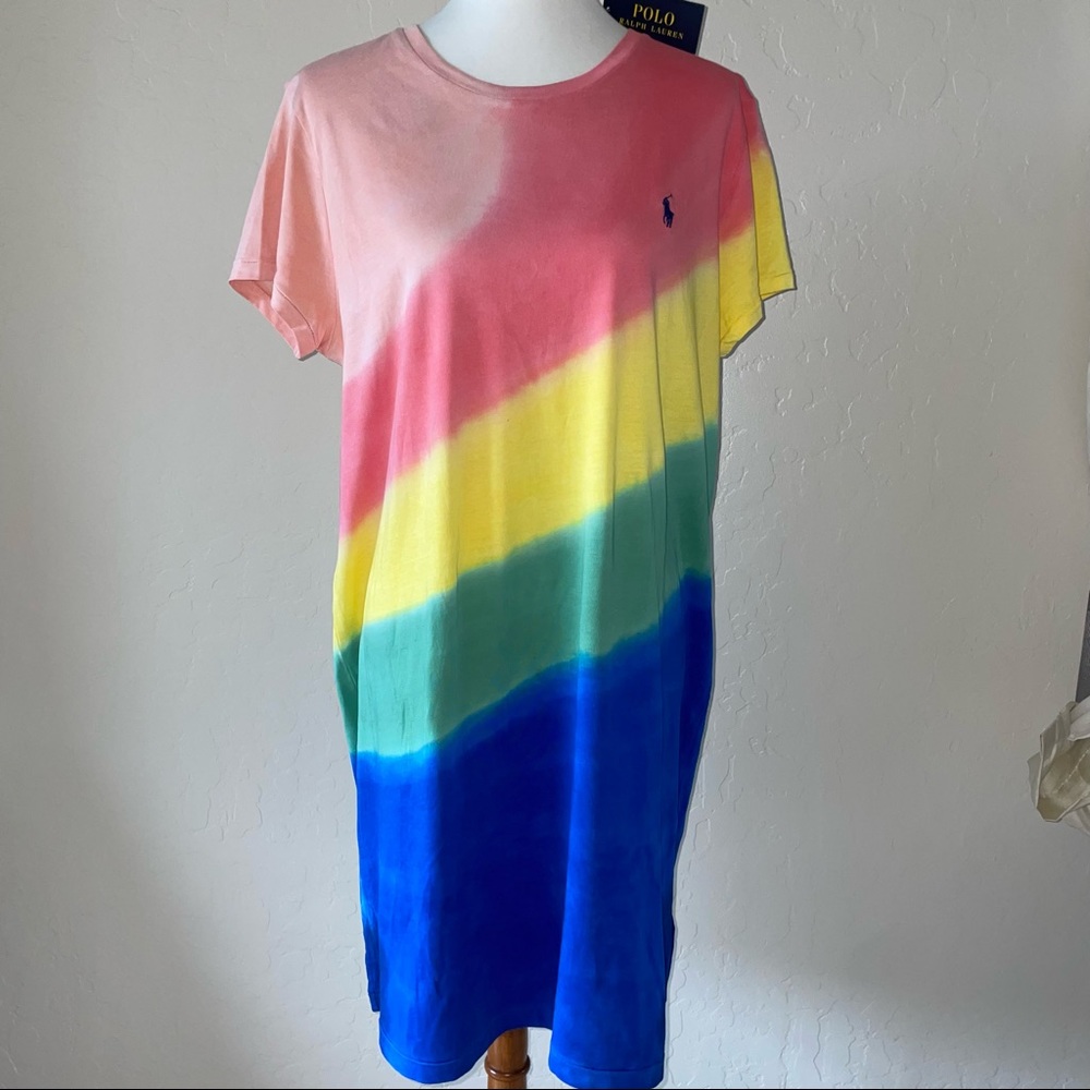 🎉HP🎉New! Polo Ralph Lauren Cotton Tie Dye Rainbow Ombre TShirt Dress Womens XL - Picture 13 of 14